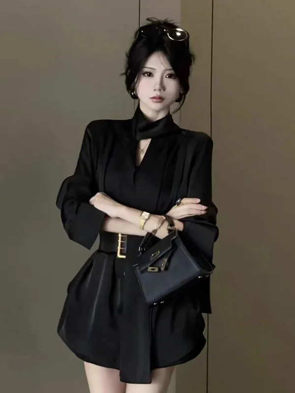 Elegant Pure Color Women's Shirt 2025 New Style Slim Fit Office Lady Fashion Top Korean Version Loose Long Sleeve V-Neck