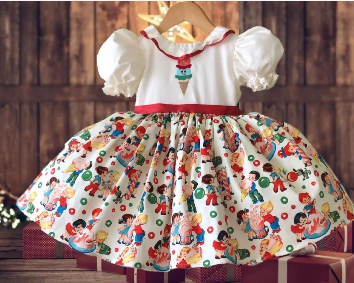 0-12Y Baby Girl Summer Ice Cream Embroidery Turkish Vintage Lolita Princess Ball Gown Dress for Birthday Holiday Easter Eid