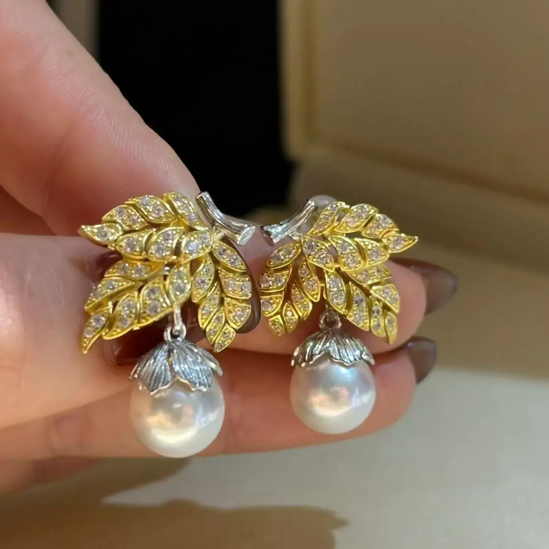 Certificate High Jewelry Replica 925 Silver Freshwater Pearl Clover Ear Stud Two-tones 18K Gold Maple Leaf Drop Dangle Earrings