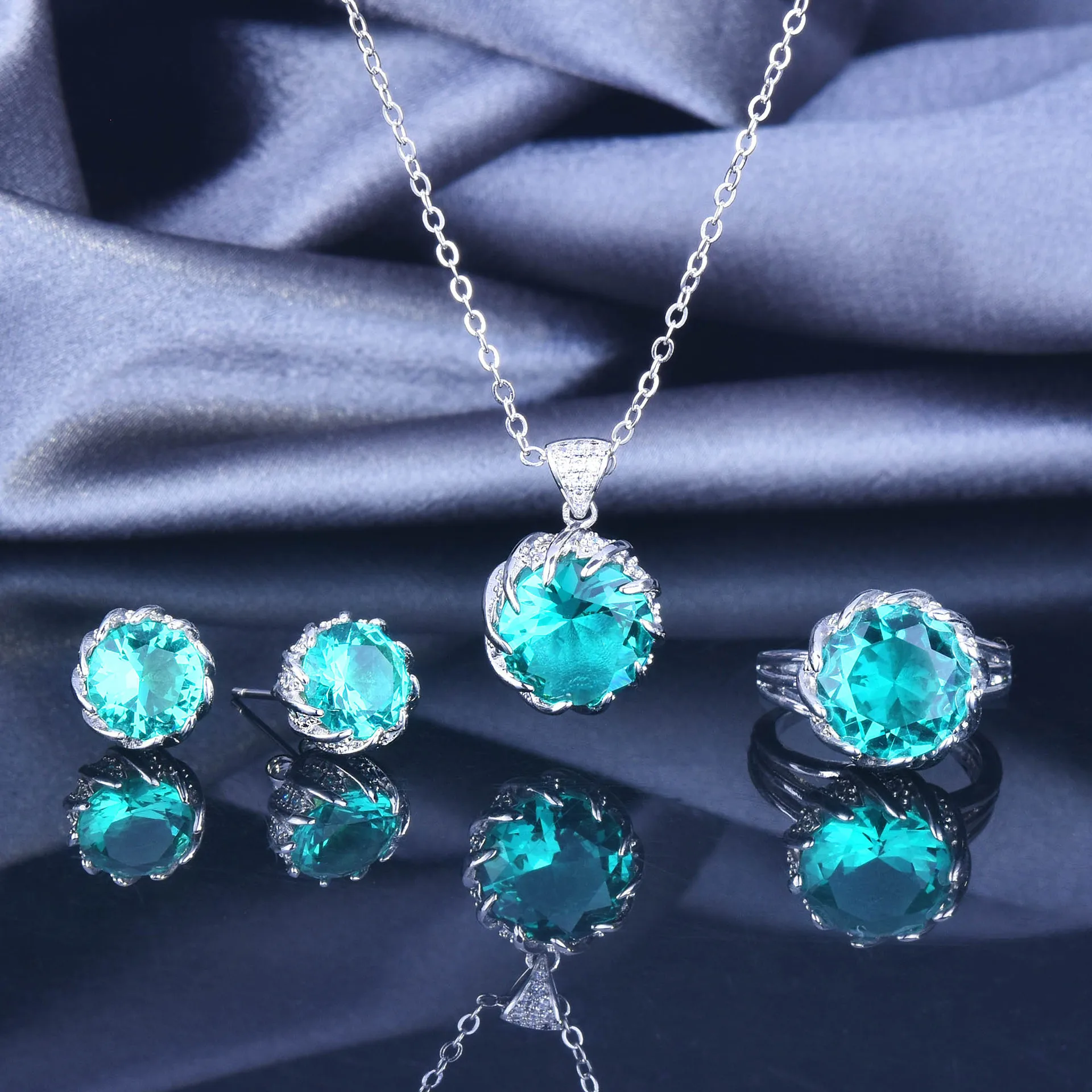 Fashion Simple Women's Three-piece Jewelry Set Round Blue Green Cubic Zirconia Rings Stud Earrings Pendant Necklaces