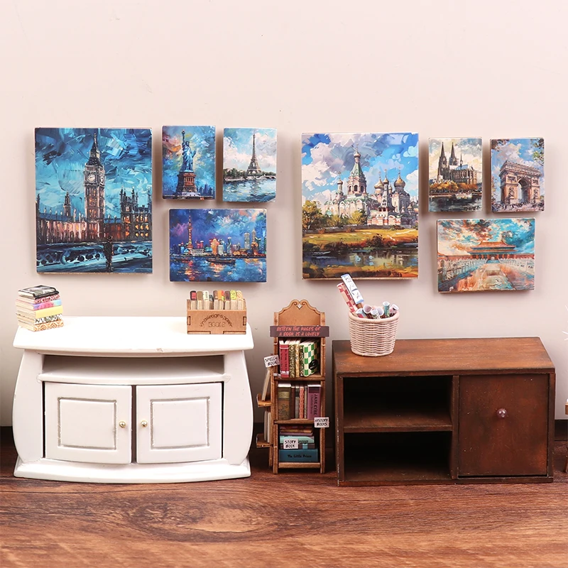 4Pcs/set 1/12 Dollhouse Simulation Oil Painting Mural Wall Picture Model Dollhouse Mini Living Room Decoration Micro Scene Decor