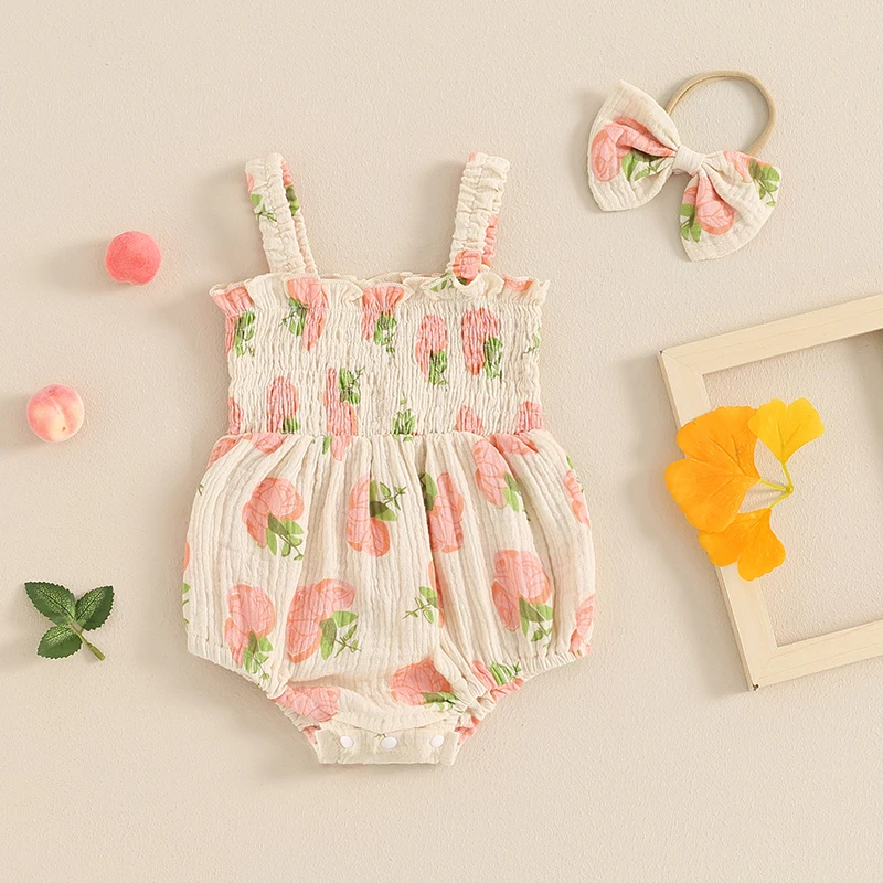 

Baby Girl 2Pcs Summer Outfits Sleeveless Fruit Floral Print Smocked Romper with Headband Set Newborn Clothes