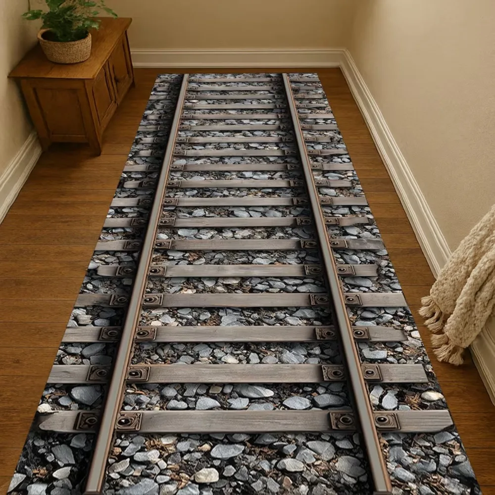 3D Train Track Carpet Mat Rug Realistic Railway Pattern Non-Slip Home Decoration for Living Room Bedroom Living Room Decoration