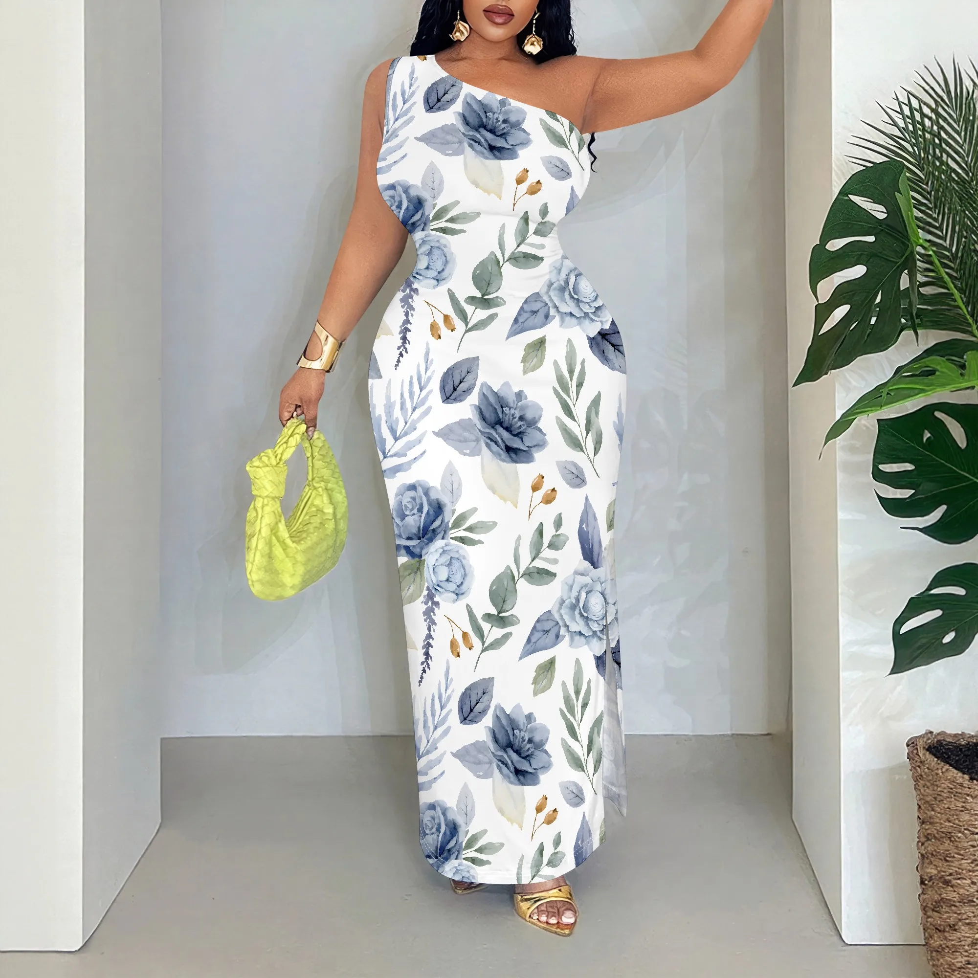 Floral One Shoulder Maxi Dress, Blue Print Sleeveless Gown, Elegant Summer Party Wear, Vacation Beach Sundress, S-2XL