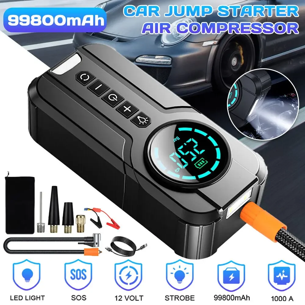 Car Jump Starter 99800mAh 1000A Battery Charger Emergency Portable Battery Booster Charger Starting Device with Air Compressor