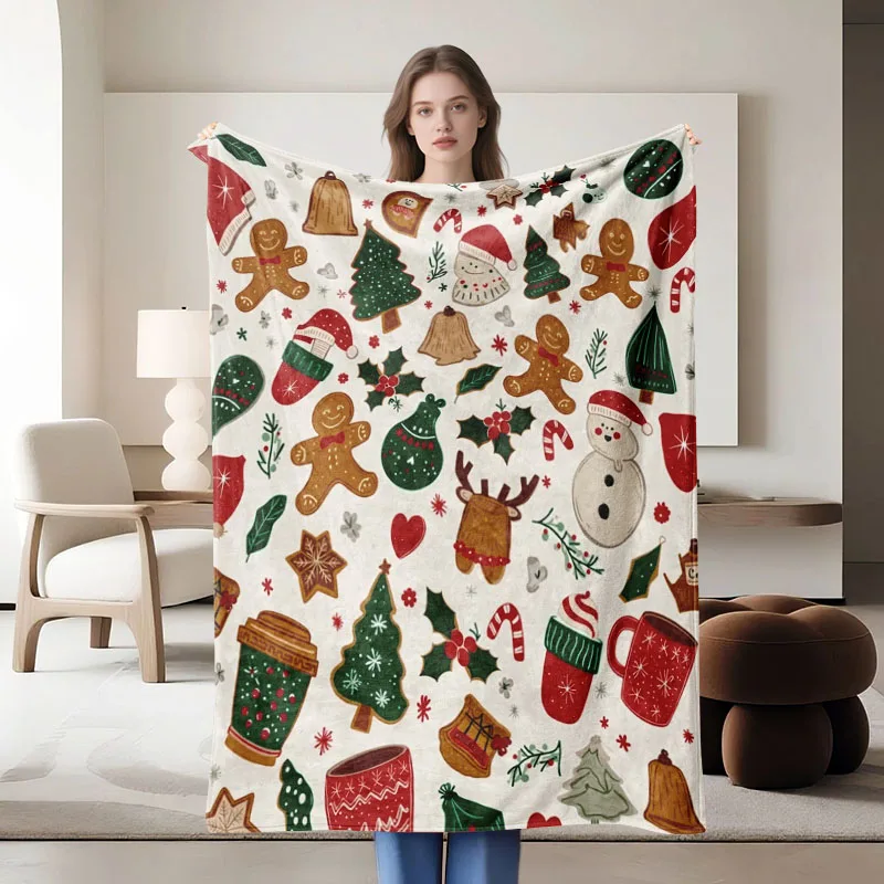 قطعة واحدة من بطانية الفانيلا بطابع عيد الميلاد مع خبز الزنجبيل ورجل الثلج والأشجار، مثالية للأريكة والسرير والمكتب. هدية مثالية لـ fam
