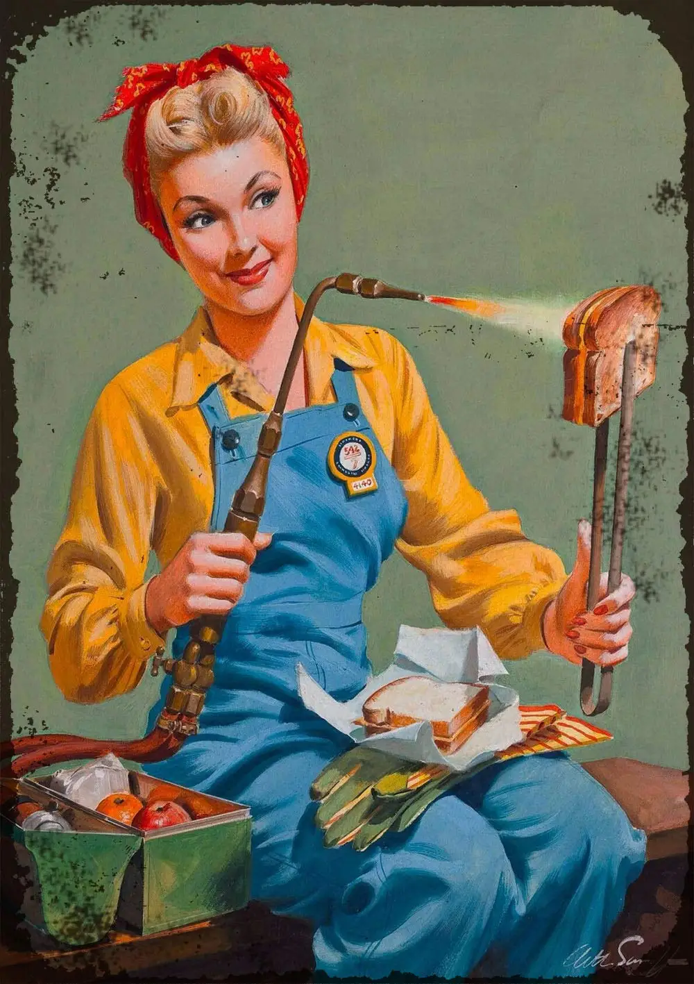 Vintage Look Metal Sign   1940s Pin-Up Girl Rosie Welding Lunch Retro Art Pin Up Wall Decor Tin Signs