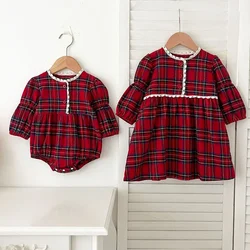 2024 New Autumn 2-6Yrs Girl Party Dress Long Sleeved Cotton Grid Baby Girl Romper Kids Princess Dresses Christmas Sister Dress