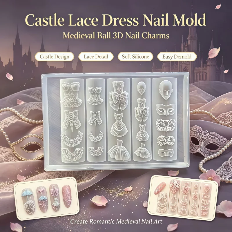 3D Vintage Lace Dress Mask Silicone Nail Mold, Medieval Masquerade DIY Nail Charms