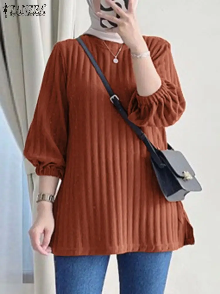 ZANZEA Women Fall 2024 Casual 3/4 Sleeve Ribbed Blouses Tops Elegant Daily Shirt Loose T-shirts Muslim Hijab Islamic Clothing