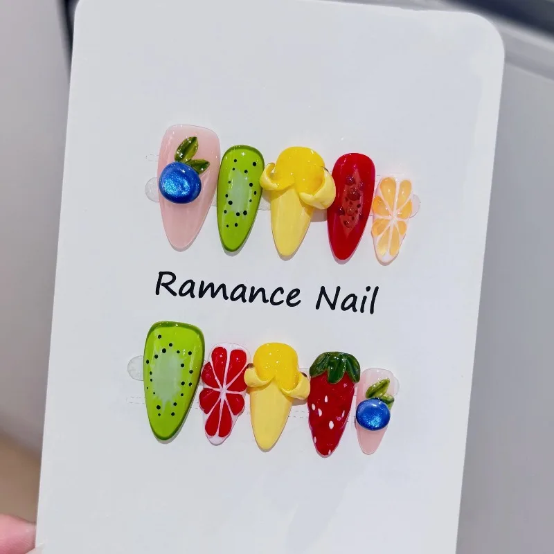 10PCS Summer Almond Press on Nails Handmade 3D Fresh Fruit Cute Banana Lemon False Nails Sweet Ins Nail Tips Wearable Acrylic