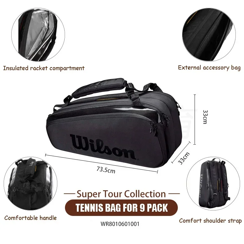 Wilson - Tennis racket bag with fine knit lining, double-layer racket backpack, insulated tennis racket bag, 9-piece set