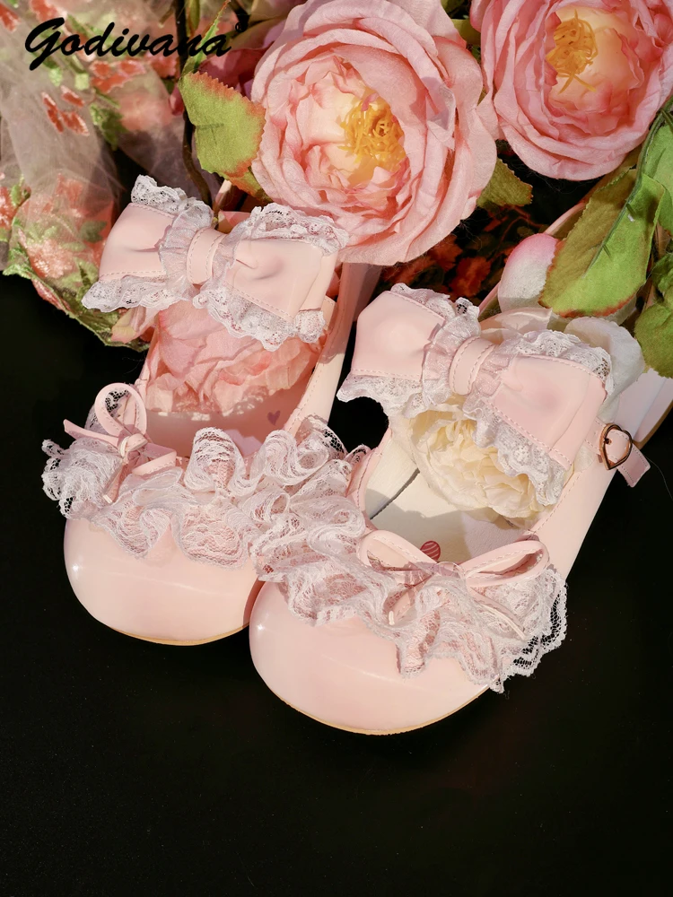 Original Girls Lace Bow Mary Jane Shoes 2025 New Spring Sweet Pink Blue Low Heel Shoes Lo Women's Leather Shoes