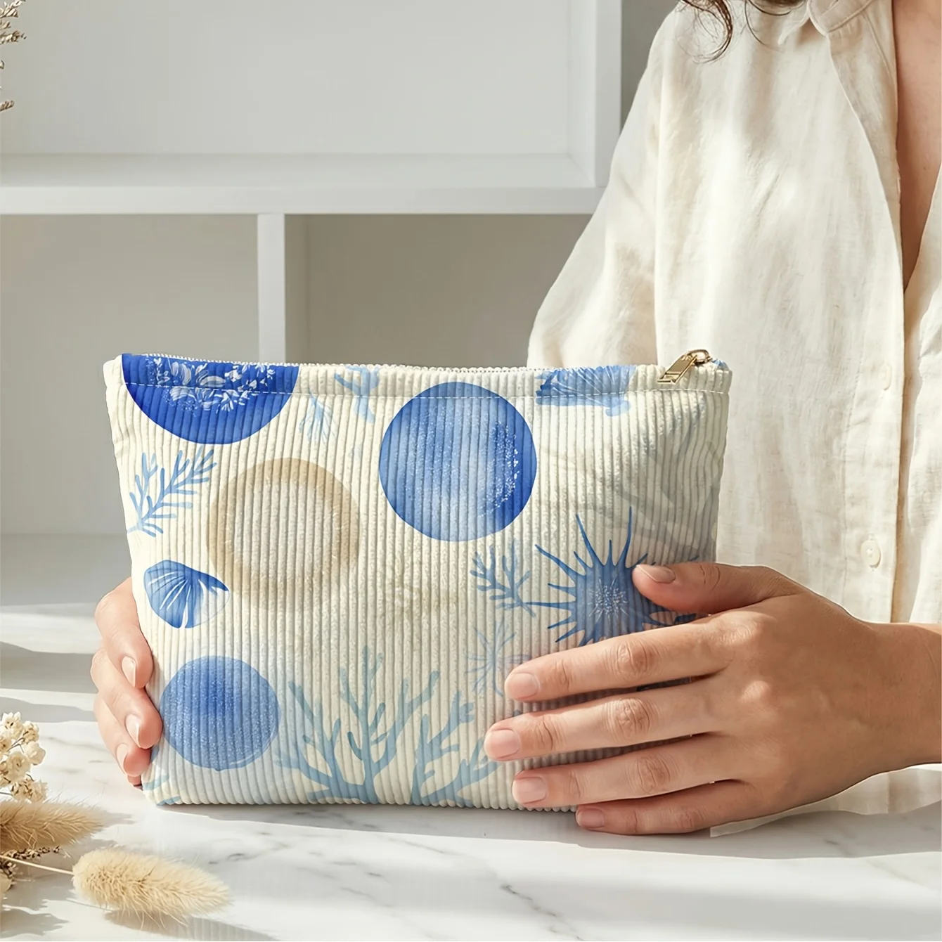 Kosmetiktasche mit Muschel- und Seesternmuster – leichte Aufbewahrungstasche mit Reißverschluss, Unisex, geeignet für Toilettenartikel und Accessoires – Detail 5