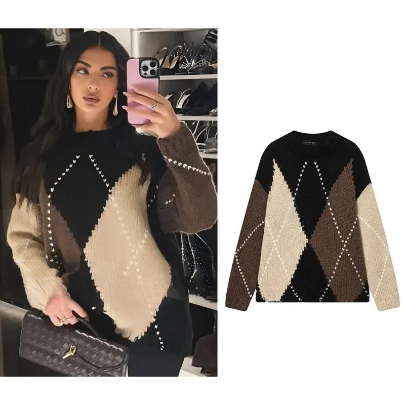

Vintage Plaid Knit Sweaters Women Long Sleeve O Neck Loose Thick Tops Fashion Autumn Winter Thick Warm Sweaters