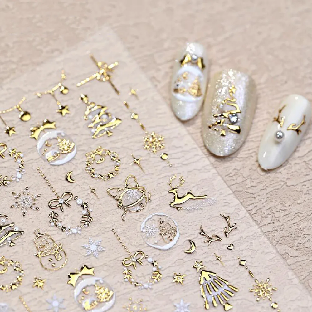 5D Bronzing Gold Christmas Nail Art Sticker Embossed Relief Snowflake Deer Nail Decals Xmas New Year Manicure Decoration Sticker