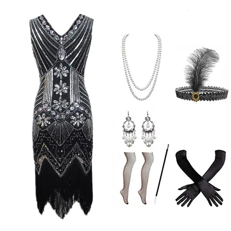

1920s Flapper Dress Great Gatsby Costume Set Beaded Sequin Fringe Vintage Party Dress Retro Baffle Cocktail Ball Dress