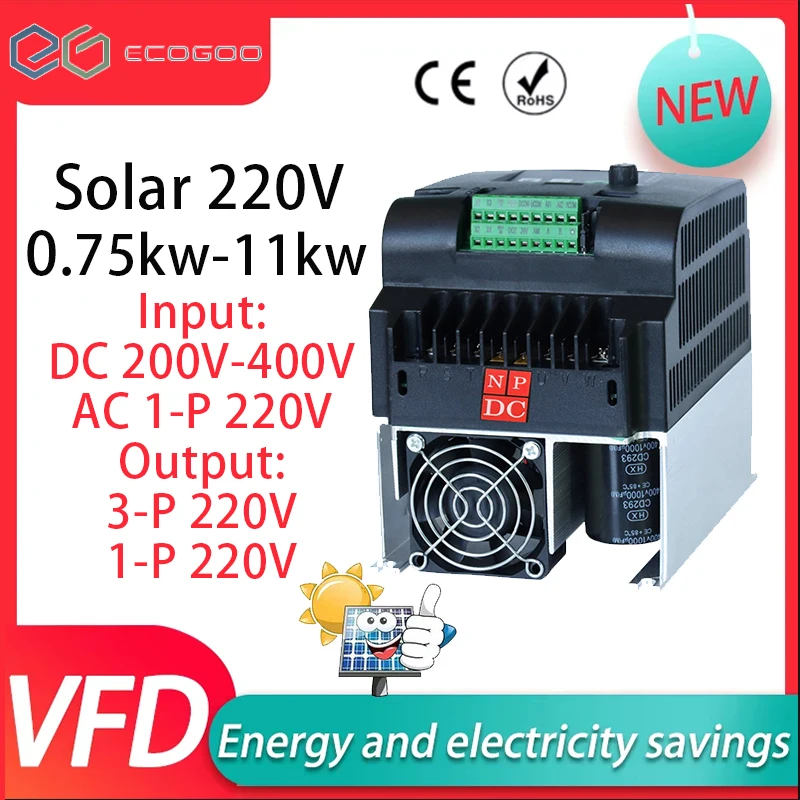 Solar Inverter VFD 0.75/1.5/2.2/4/5.5/7.5/11KW 220V Variable Frequency Drive Converter Inverter for Motor Speed Control