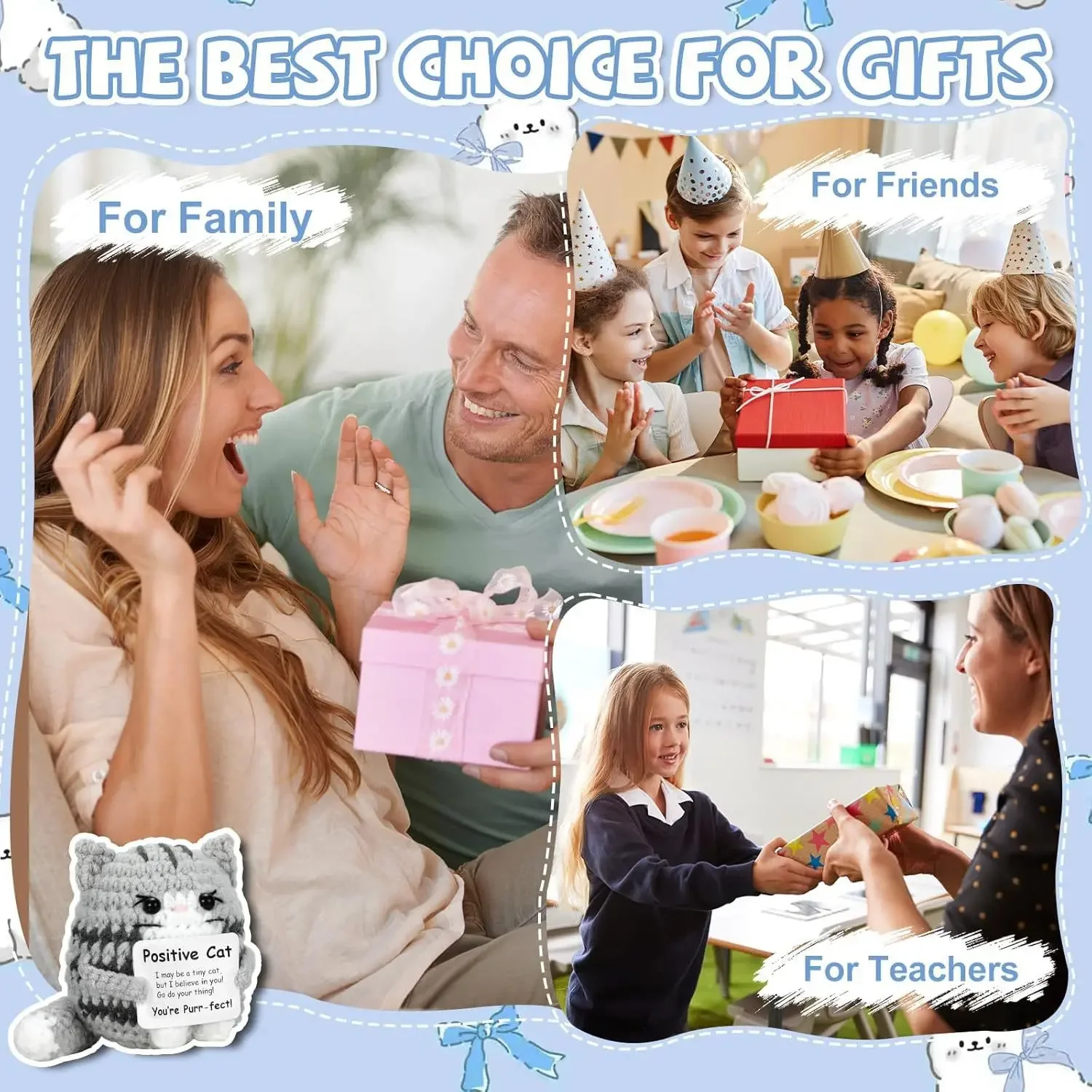 جديد الكروشيه القط دمية زخرفة غرفة المنزل الديكور اليدوية محبوك الطاقة الإيجابية القط دمية مع بطاقة هدايا حفلة عيد الميلاد