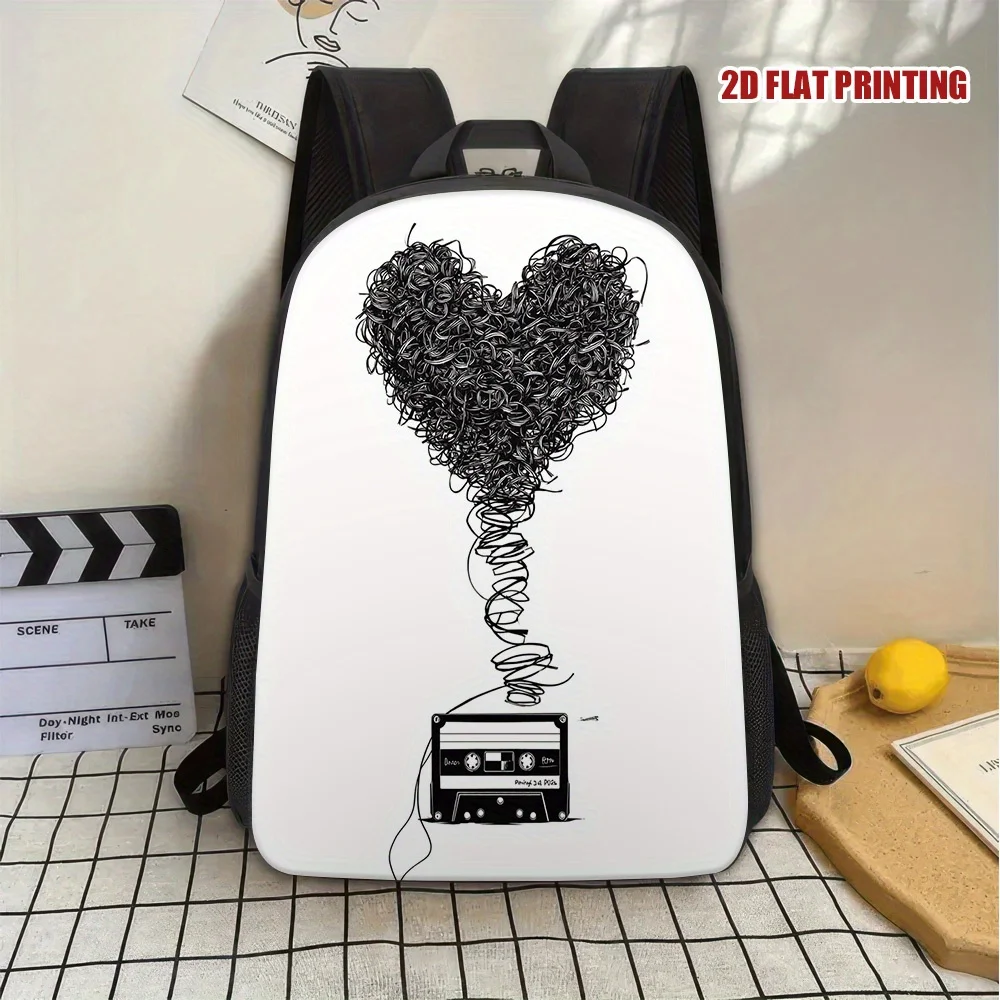 

1 Tape Heart Wrap Backpack - Cute Cassette Tape Design, Lightweight Polyester Zipper Closure, Multifunctional Handbag for Teens