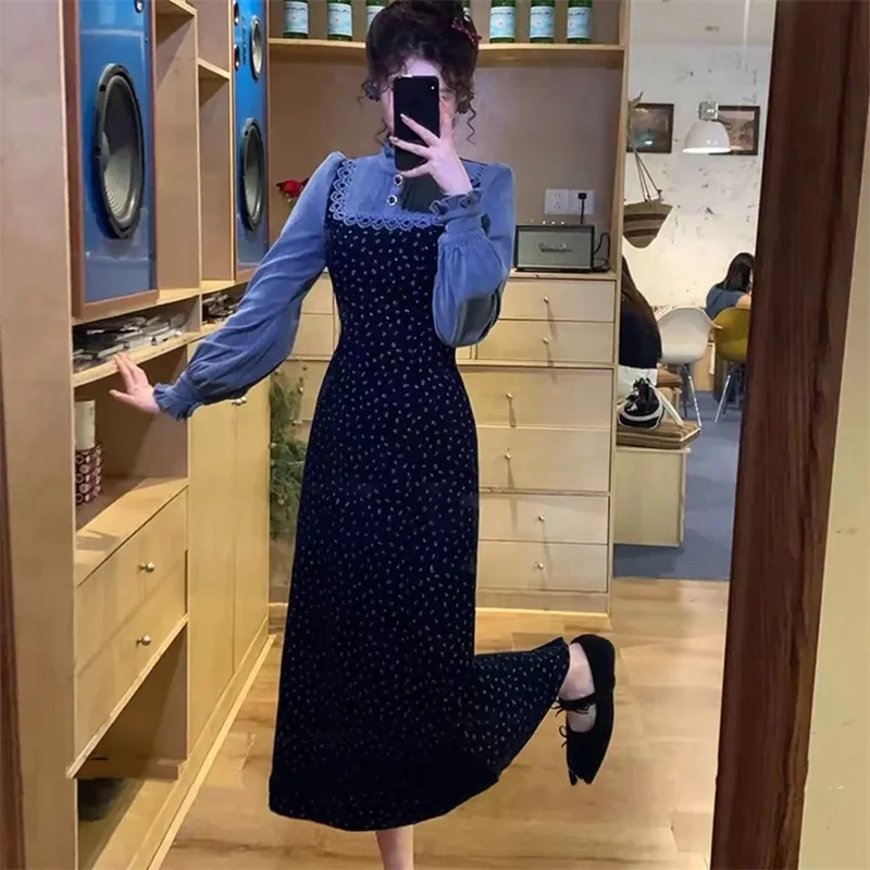 Women Color Blocking  Fake Two Pieces A-line Dresses Summer Female Stand Collar Maxi Dress French Lady Long Sleeves Long Dresses