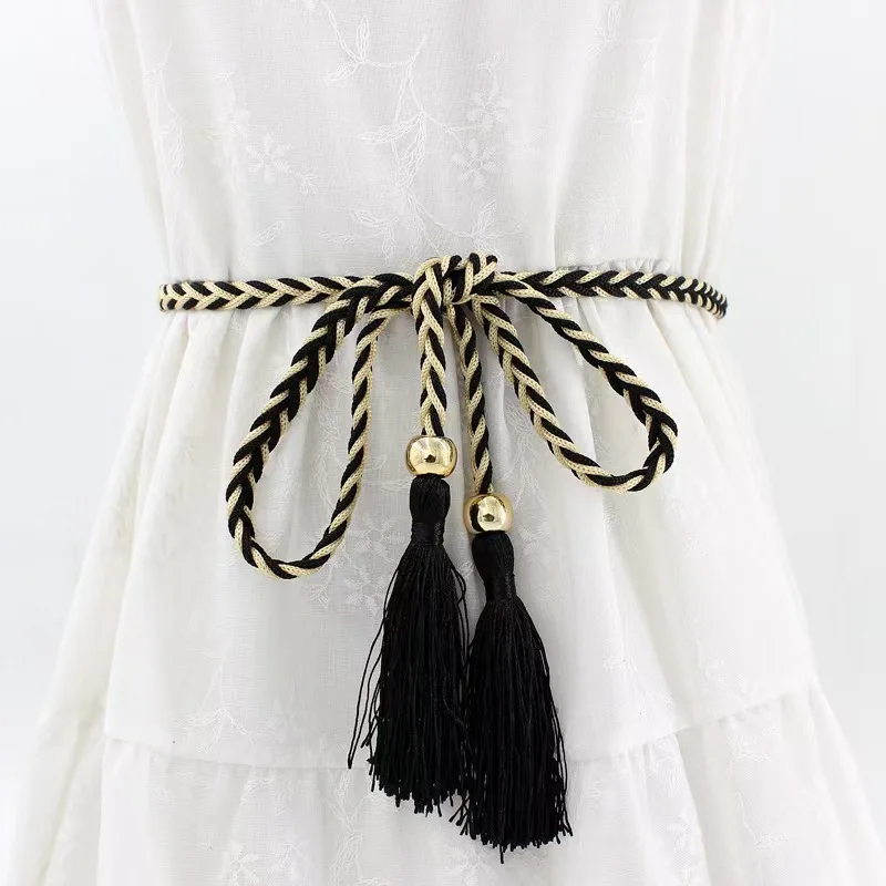 

New Women's Solid Color Braided Tassel Belt 2025 New Boho Girls Thin Waist Rope Knit Belts for Dress Waistbands Accessories