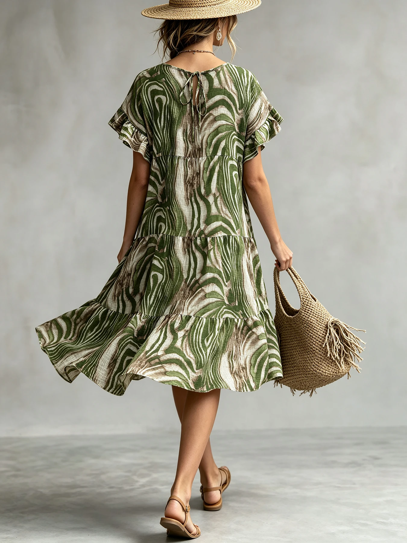 Boho-Swirl-Muster Strandkleid mit kurzen Rüschenärmeln und asymmetrischem Saum für Damen
