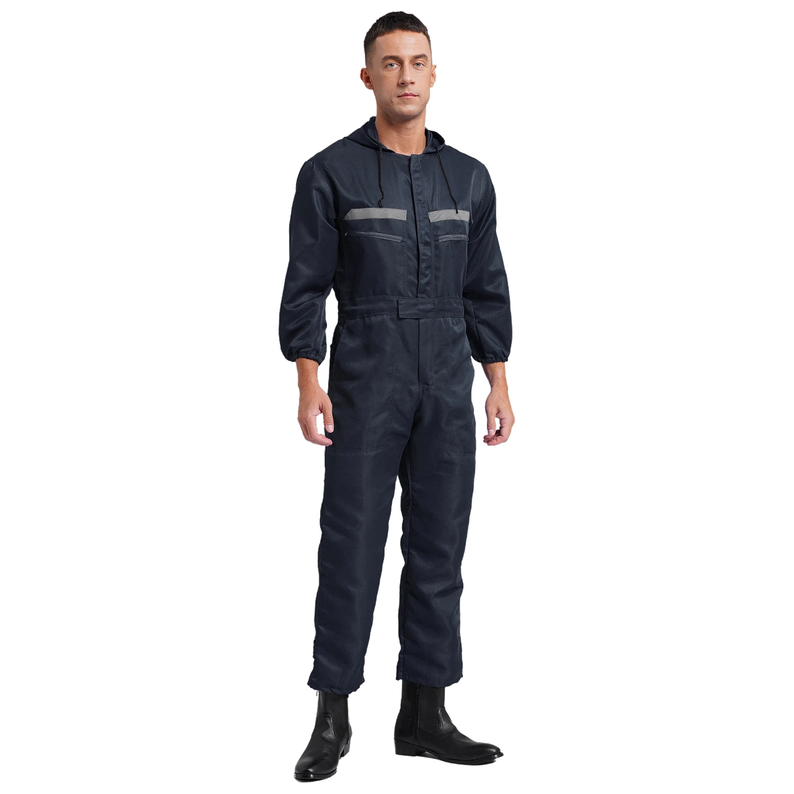 Mechanic Overall Costume for Men Hooded Full Body Cover Jumpsuits with Reflective Strip Traffic Officer Uniform Workshop Sets