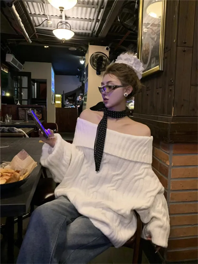 عيد الميلاد الأحمر كسول نمط المعتاد مائل الرقبة فضفاضة طويلة سترة البلوز خريف جديد كم طويل قبالة الكتف محبوك بلوزة كاجوال