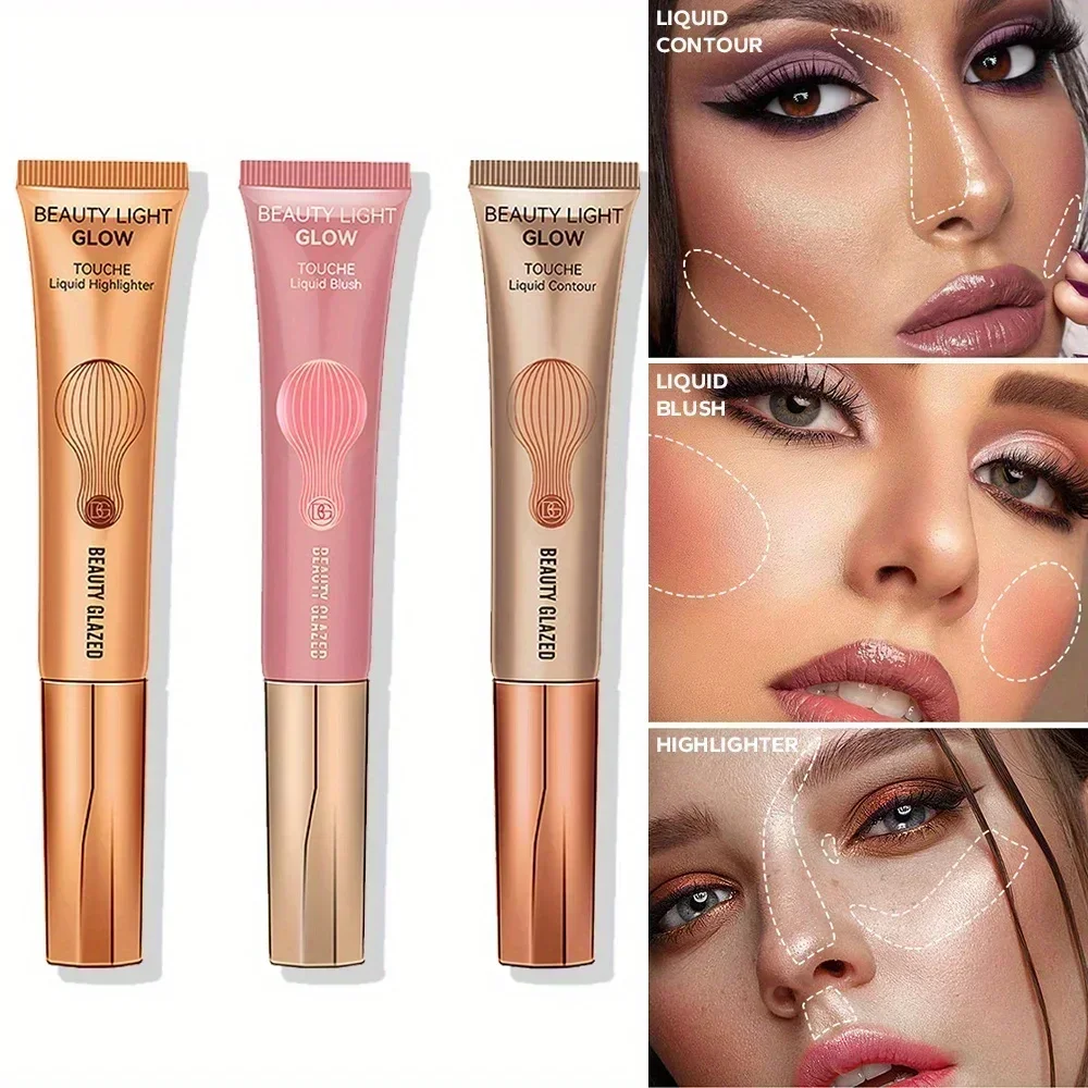 3-teiliges Make-up-Set, Rouge-Flüssigkeit, Textmarker-Flüssigkeit, Konturenflüssigkeit, 3-teiliges mehrfarbiges multifunktionales Kosmetik-Set für Anfänger