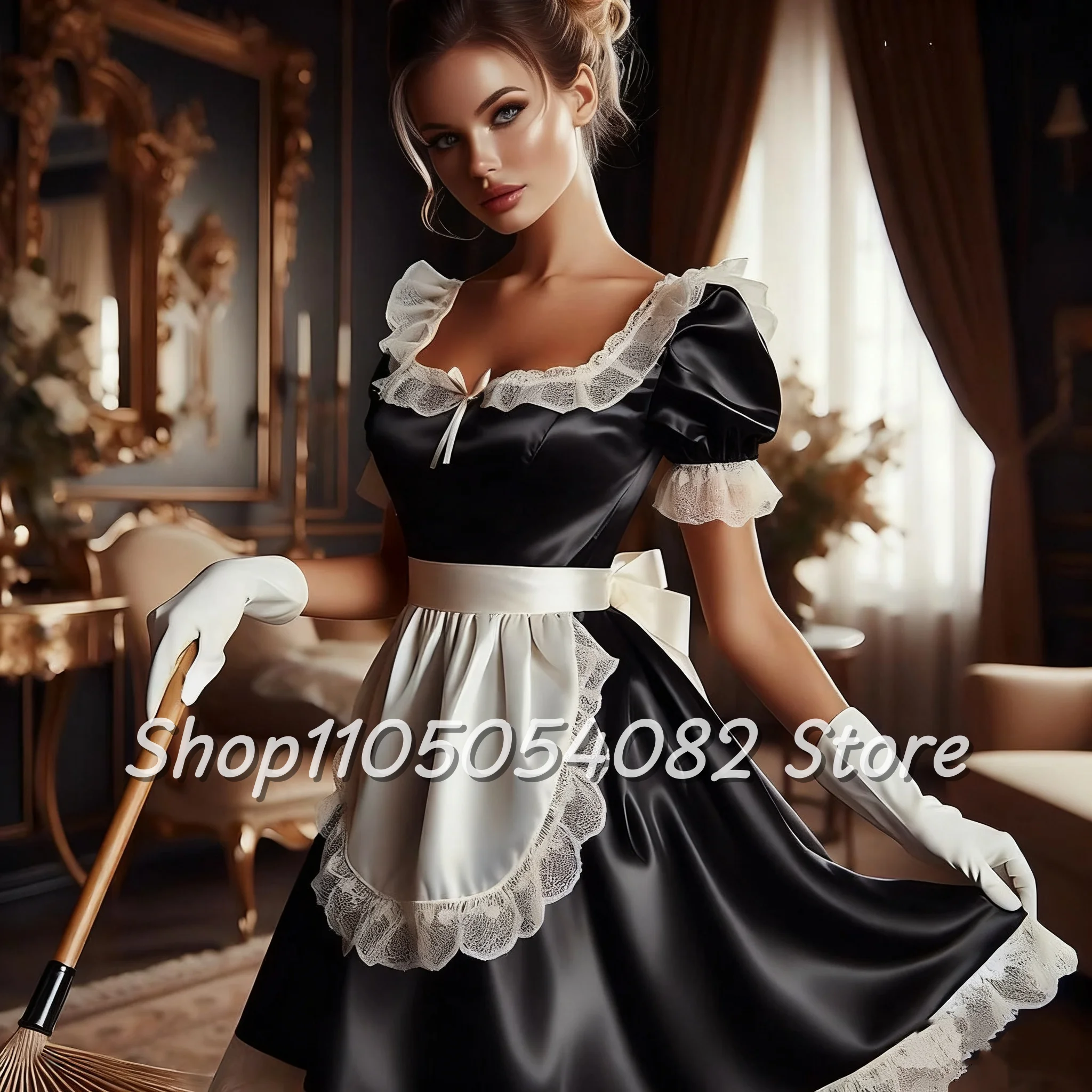 

Black White Lolita Prom Dresses Short Sleeve Lace Ruffle Role Play Maid Evening Dress High School Homecoming Dresses Customized