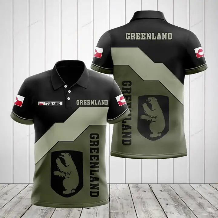 Custom Name Greenland Flag Graphic Olive Polo Shirt Summer Casual Unisex Pullover Loose Cool Jersey Oversized Short Sleeve Tops
