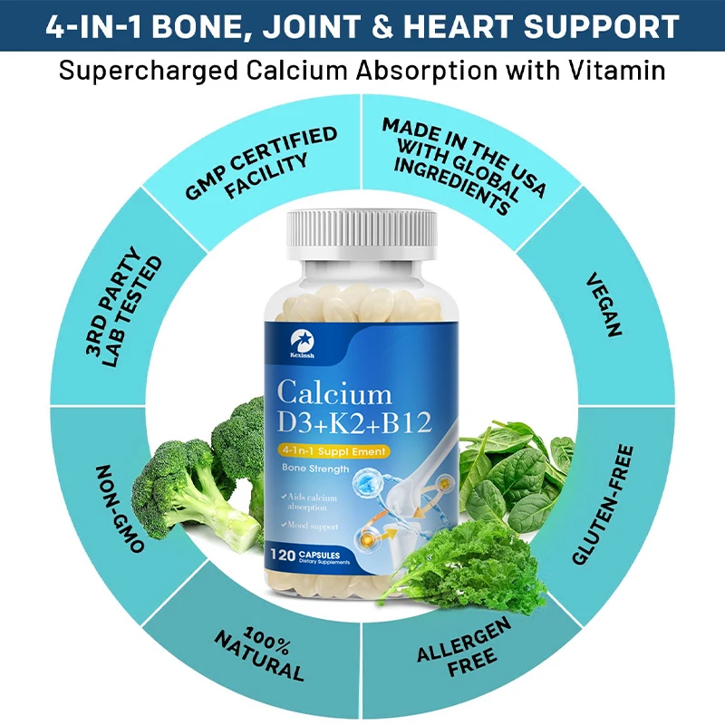 Kexinsh Vitamin D3K2 Capsules Vb12 Calcium Support Calcium Absorption Bone Teeth Heart Brain Health  Joints Immune Function