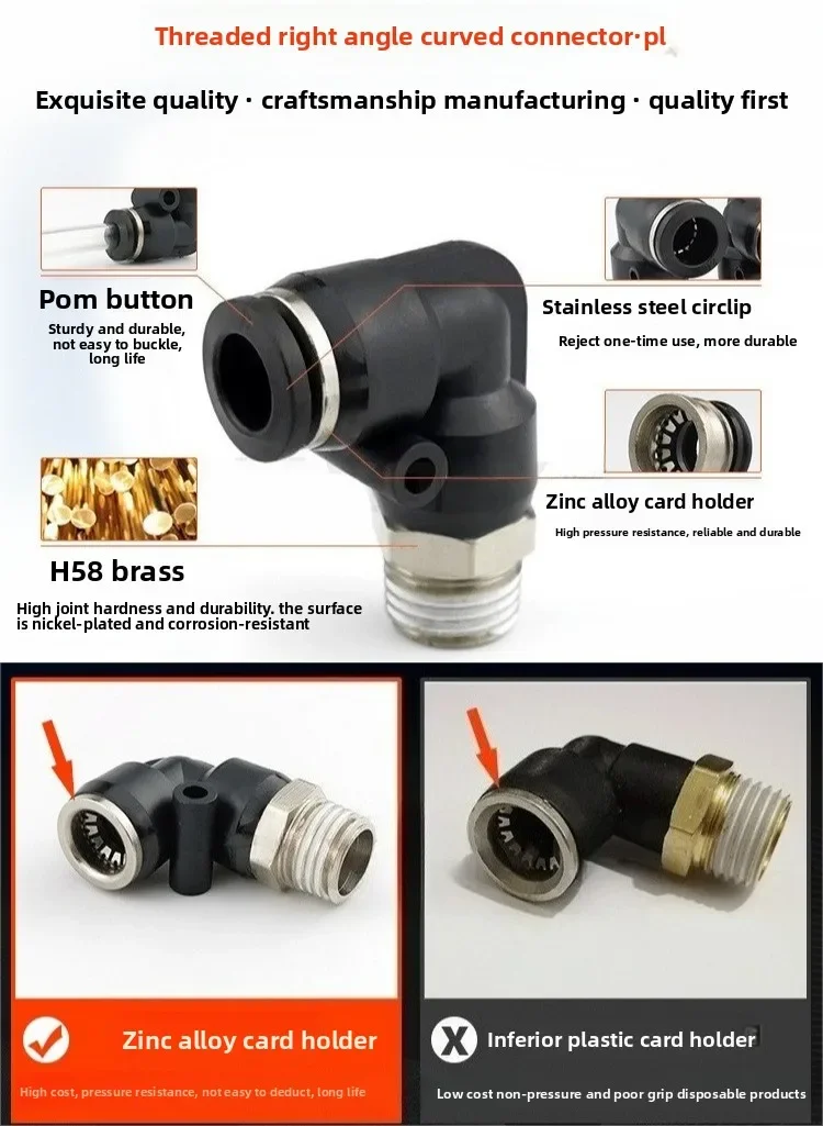 ‌PL4 Series Black Pneumatic Fittings - 90° L-Shaped Quick Connect Coupler M5/M6/M8 Thread for Air Compressor & Automation