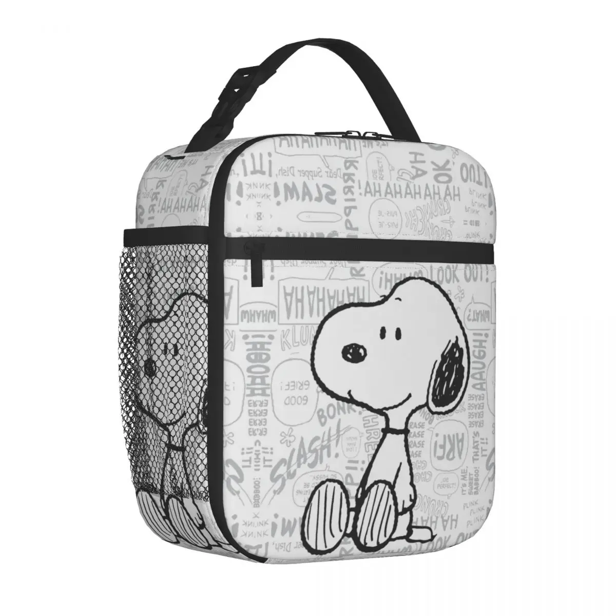 Custom Snoopy On Black White Comics Disney Thermal Insulated Lunch Bag Peanuts Portable Lunch Box Picnic Storage Food Tote Bags