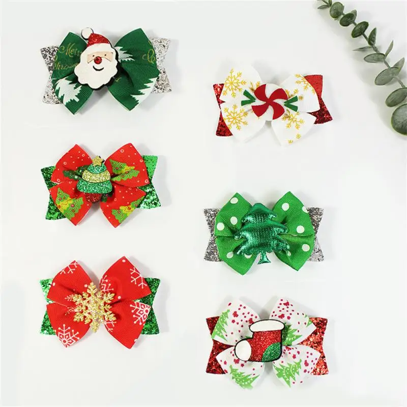 2024 Christmas Hair Clips For Kids Girls Printing Bow Hairpins Sparkly Santa Claus Xmas Socks Barrettes Party Hair Accessories