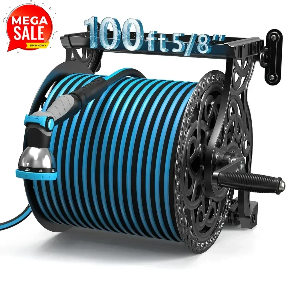 Hot-sellingGarden Hose Reel, Decorative Aluminum Frame Hose Holder with 100 ft x 5/8 in Hose, 10-Pattern Nozzle, Never-Leak Syst