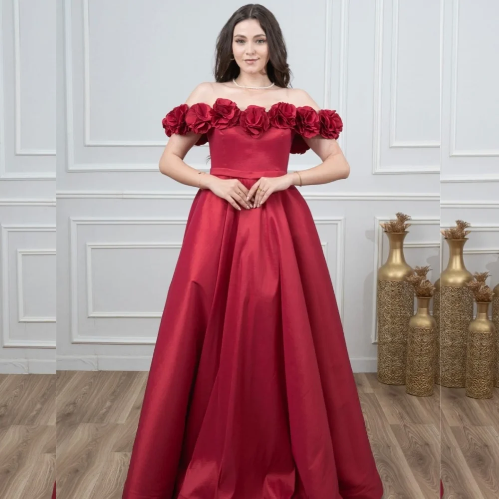 

Customized High Quality Pleat Flower A-line Off-the-shoulder Long Dresses Evening Dresses Classic Exquisite Modern Style Pastrol