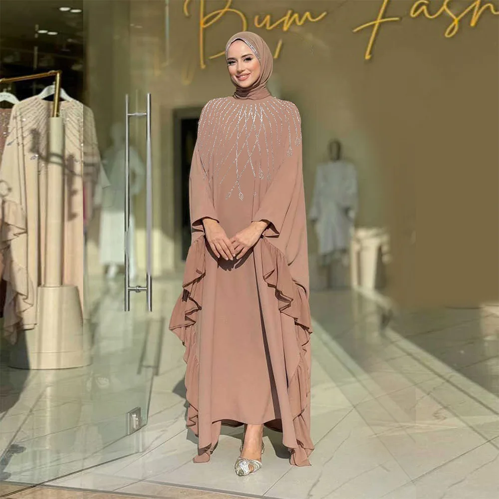 

2026 Middle East Muslim New Fashion Women's Black Khaki Elegant Trendy Daily Casual Luxury Diamond Studded Dresses Female Abaya