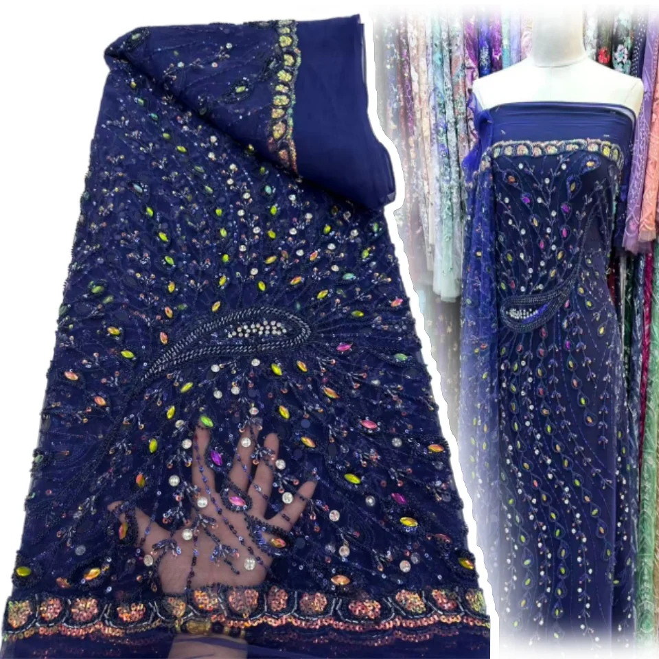 

Африканская тяжелая кружевная ткань с бисером, вышитая геометрическими блестками, высокое качество, 5 ярдов, для свадебных платьев и вечерних платьев AH1544