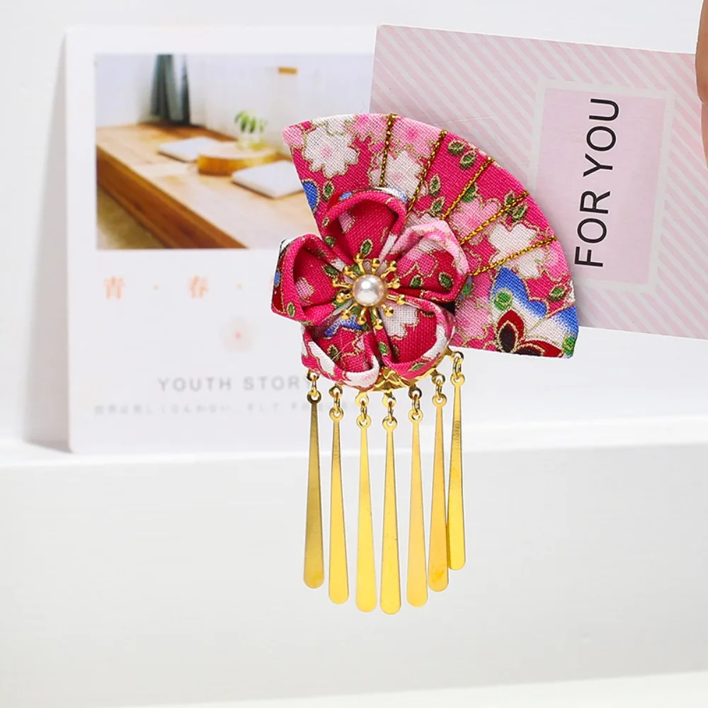 

Elegant Kimono Hair Clip Metal Tassel Sakura Flower Faux Pearl Decor Hair Clip Traditional Cloth Fan Shape Hairpin
