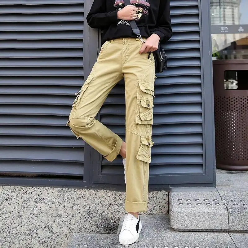 

Цветная женская рабочая одежда-карго размера плюс, весенне-осенние толстые прямые мешковатые брюки с несколькими карманами, повседневные рабочие брюки