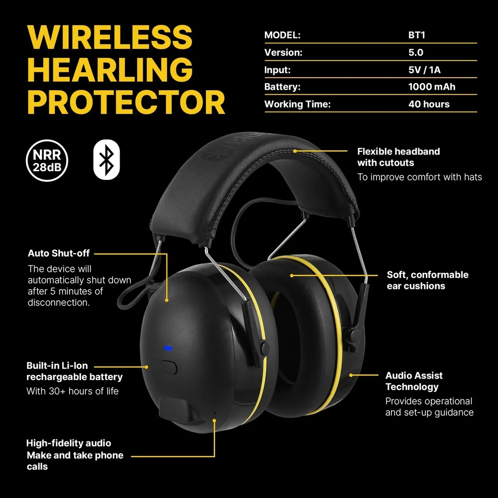 30dB SNR Hearing Protection Headphones with Bluetooth Rechargeable Noise Reduction Safety Ear Muffs Wireless Hearing Protector