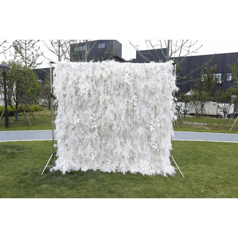 

Cheap Decorative Wedding Decor 3d White Pink RoseArtificial Silk Roll Up Pampas Grass Flower Wall PaneBackdrop