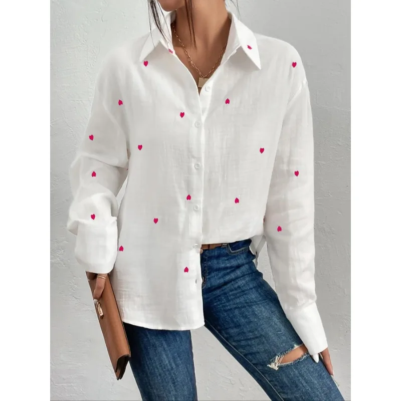 

Plus Size 1XL-5XL Women's Fashionable Lapel with Heart-shaped Printed Casual Long Sleeved Comfortable Shirt