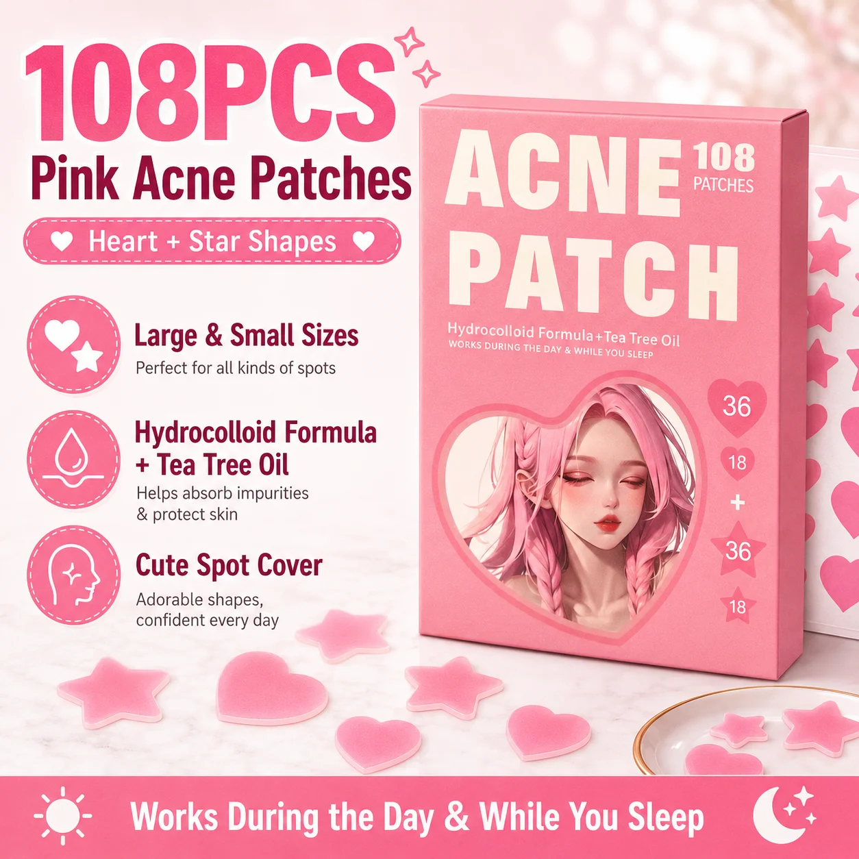 108PCS Cute Pink Heart Star Spot Cover Patches Hydrocolloid Blemish Stickers Invisible Face Patch for Daily Skin Care