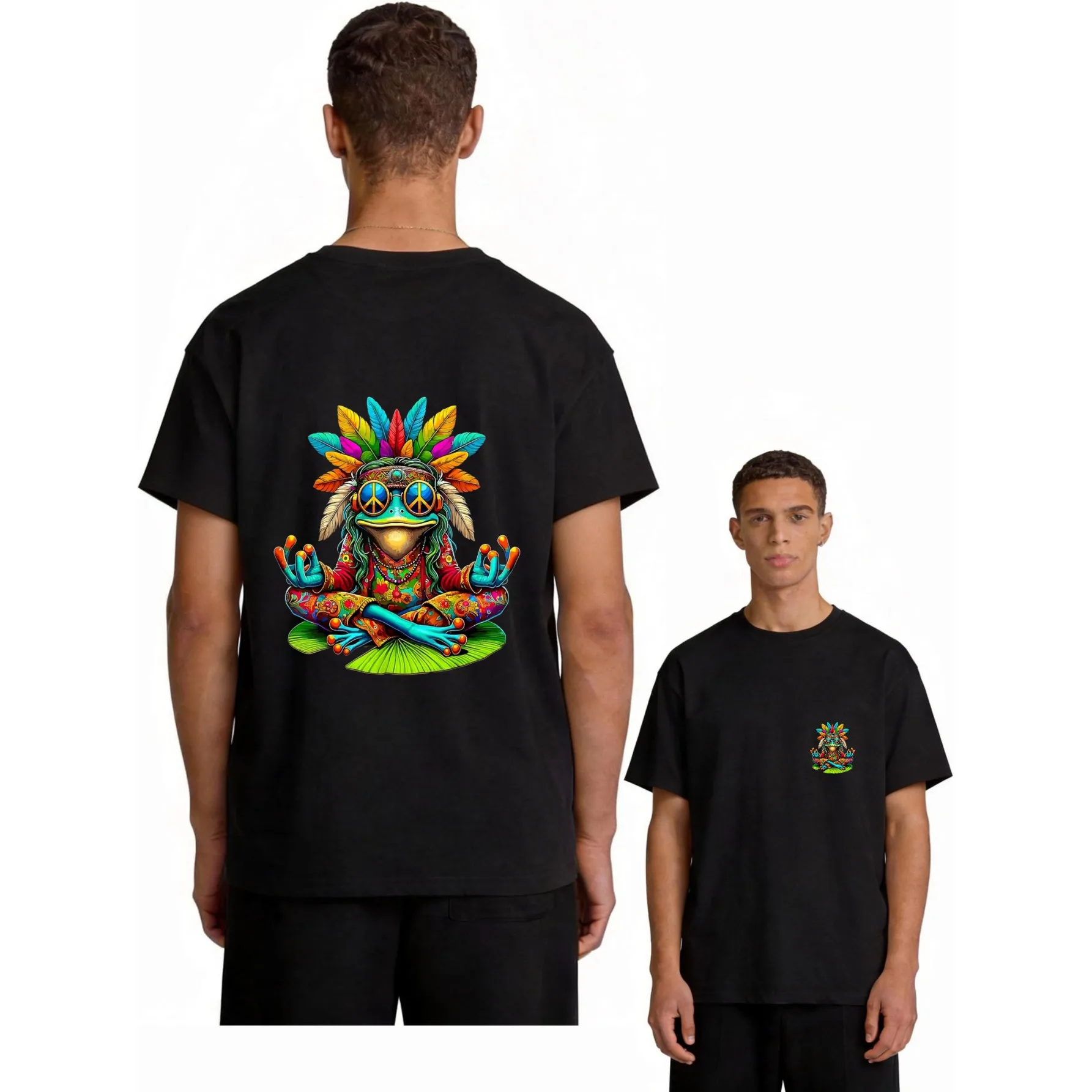 Psychedelic Frog Meditation Graphic Tee Cotton Breathable Casual Round Neck T-Shirt Men