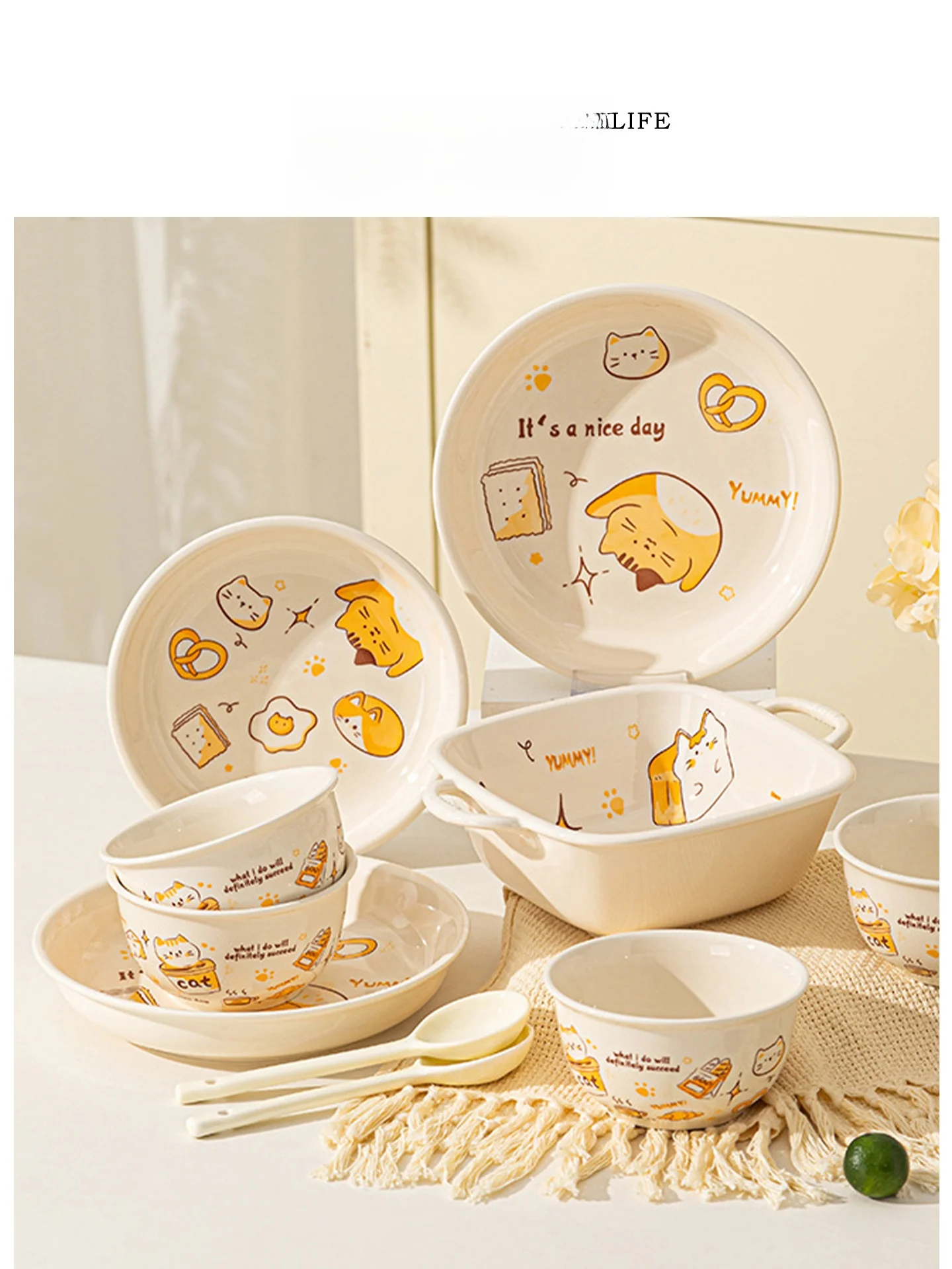 

Милый мультяшный набор посуды с подглазурной росписью: тарелка с двумя ручками, скандинавский стиль, для домашнего использования, повседневная столовая посуда на 0 человек или...