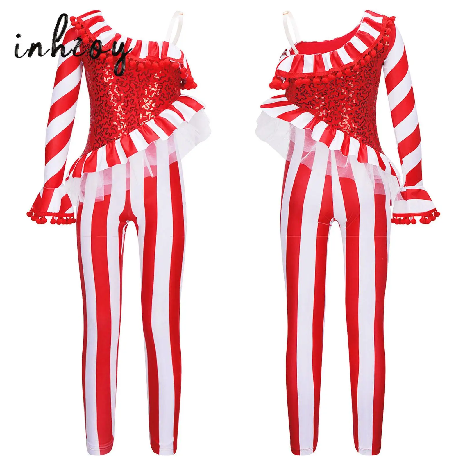 Kid Girls Candy Cane Jumpsuit Christmas Dance Costume One Shoulder Ballet Dance Bodysuit Gymnastics Unitard Skating Dancewear