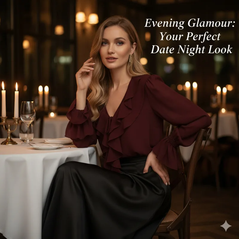 

Women's Elegant Burgundy Ruffle Blouse Deep V Neck Long Sleeve Top Tie Front Loose Fit Chiffon French Style Autumn Fashion Shirt